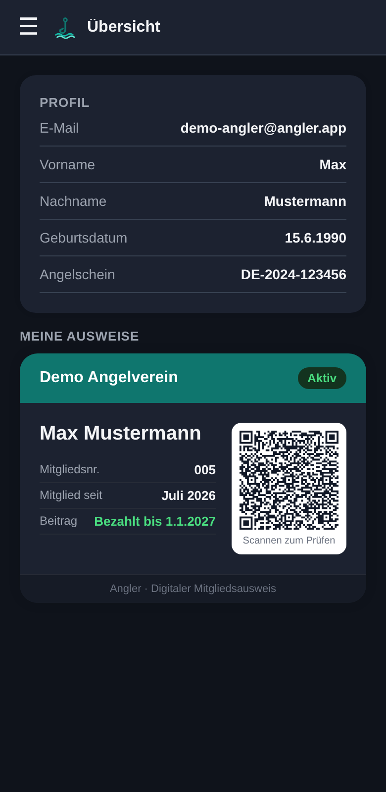 Mitgliedsansicht mit digitalem Ausweis (dunkles Design)
