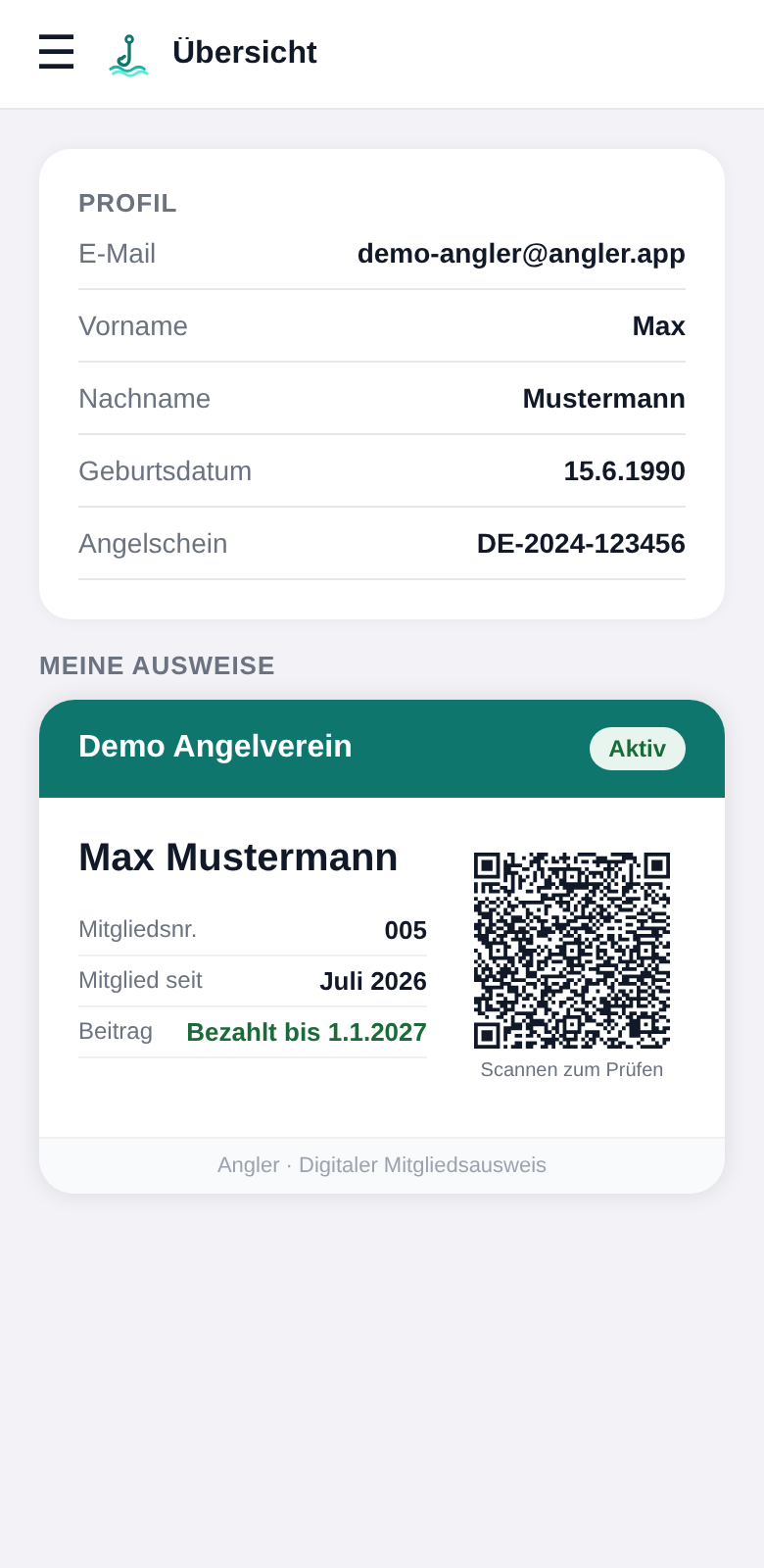 Mitgliedsansicht mit digitalem Ausweis